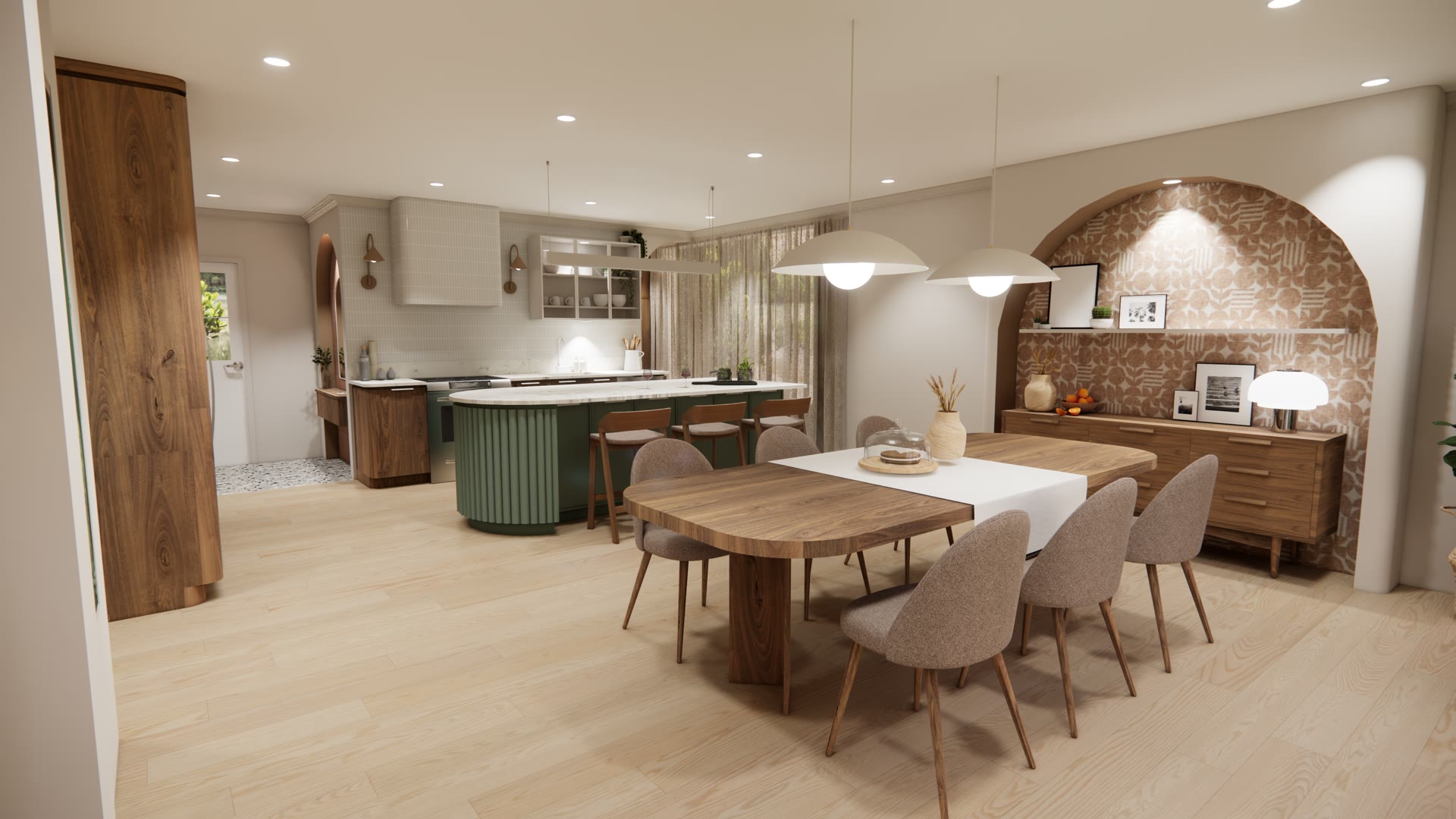 Rendu 3D de l'îlot vert cannelé et de la salle à manger, rénovation résidentielle à Sillery, Québec